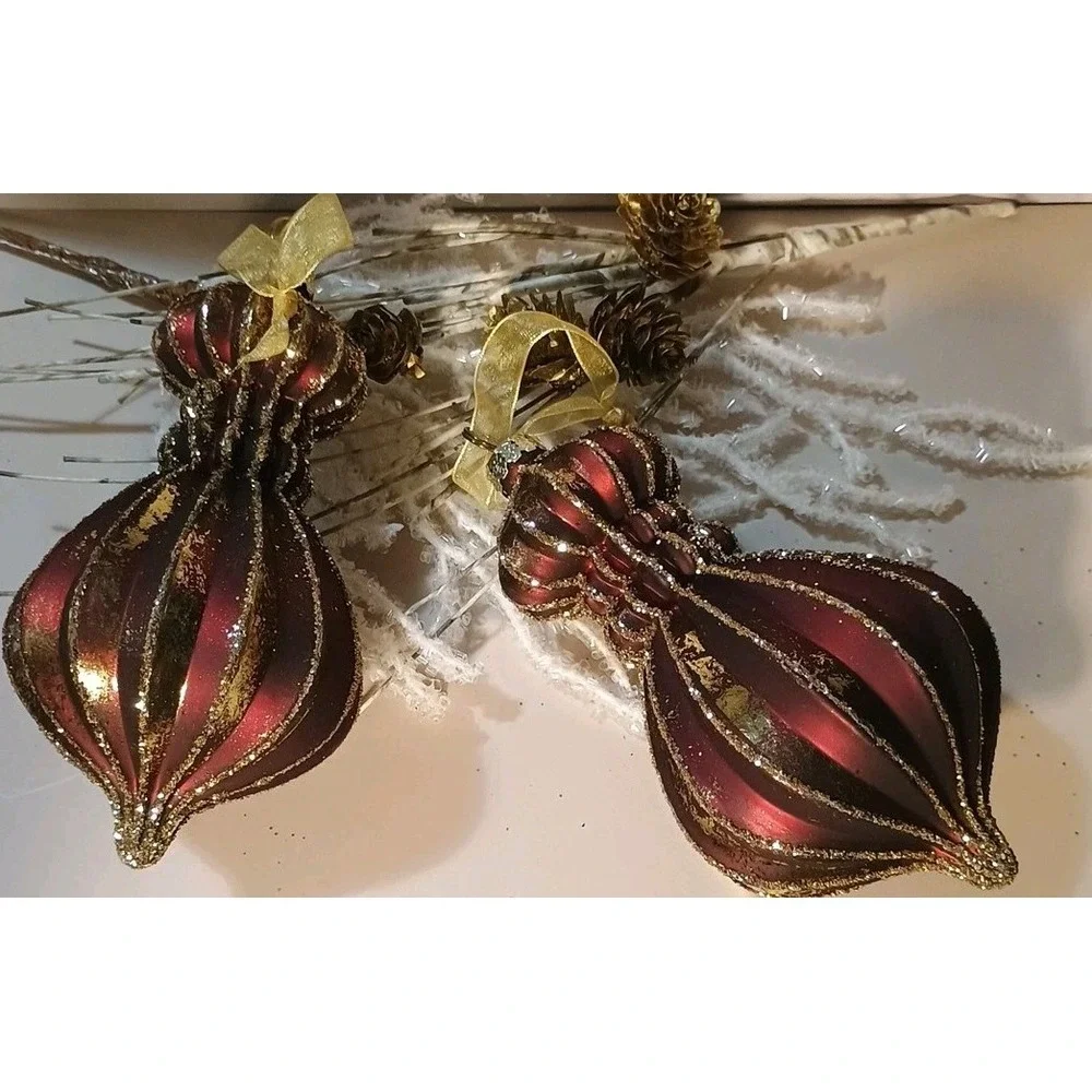 Pair Of Frontgate Striped‎ Glass Ornaments Glitter Maroon & Gold Finial Shape